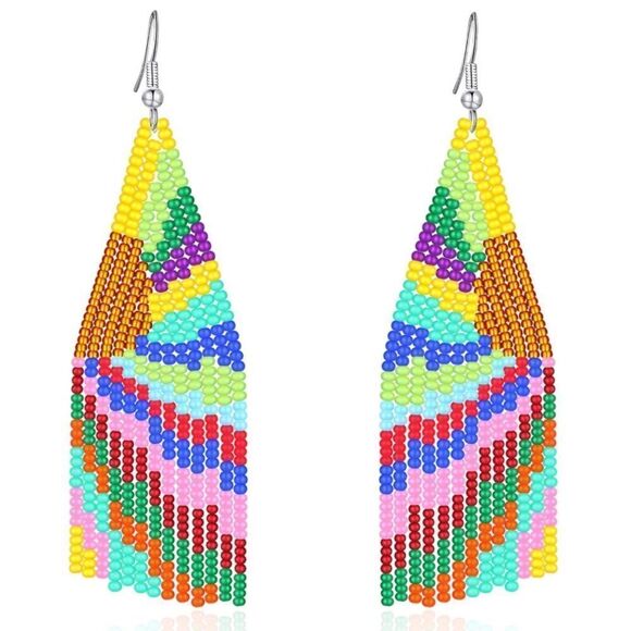 Multicolor Boho Seed Bead Tassel Dangling Statement French Wire Hook Earrings - Picture 1 of 8
